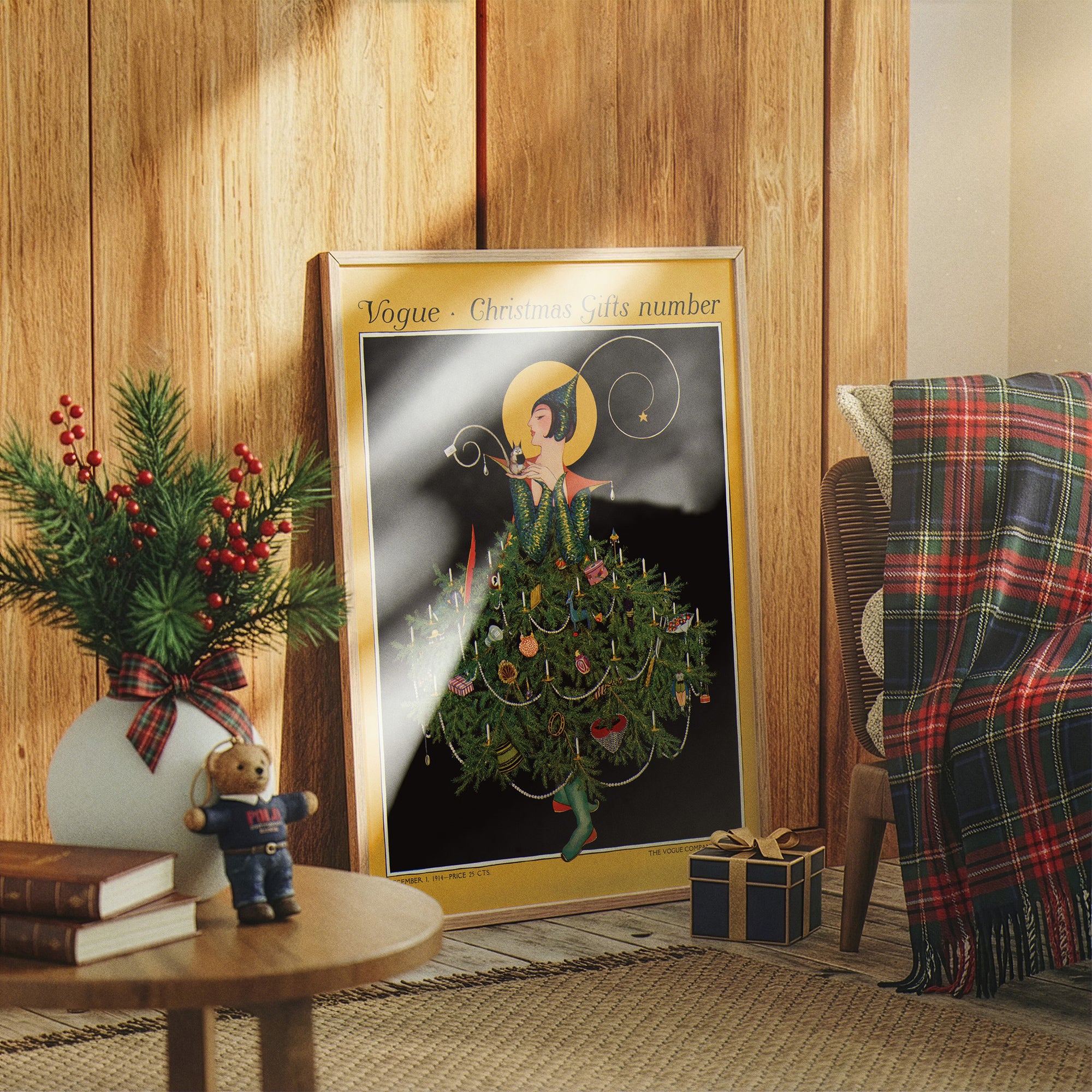 Framed Christmas-themed Vogue poster in a cozy room with a plaid blanket and decorative items.
